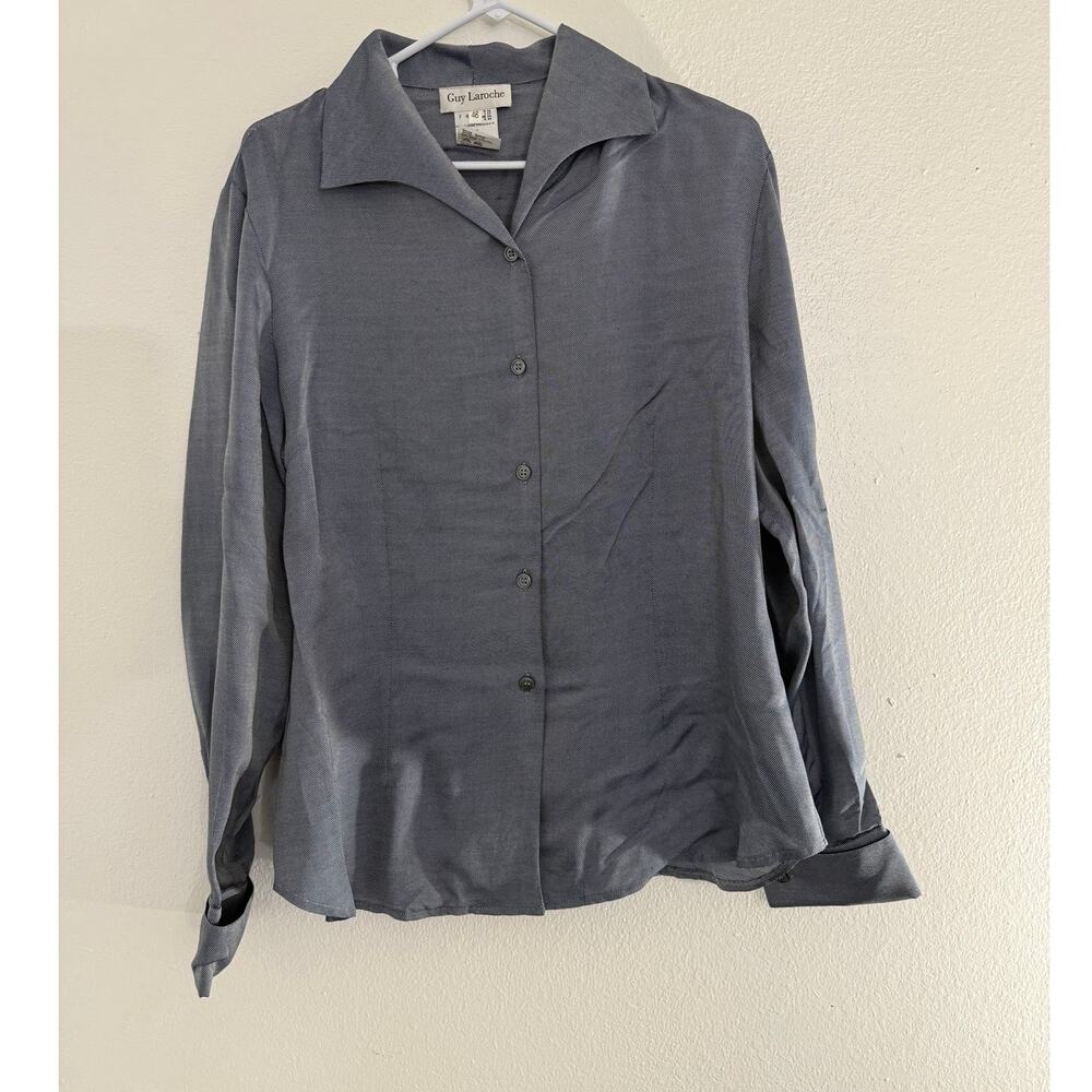 Guy Laroche Made in France Silk Blouse Blue Solid Long Sleeve Women Size 16